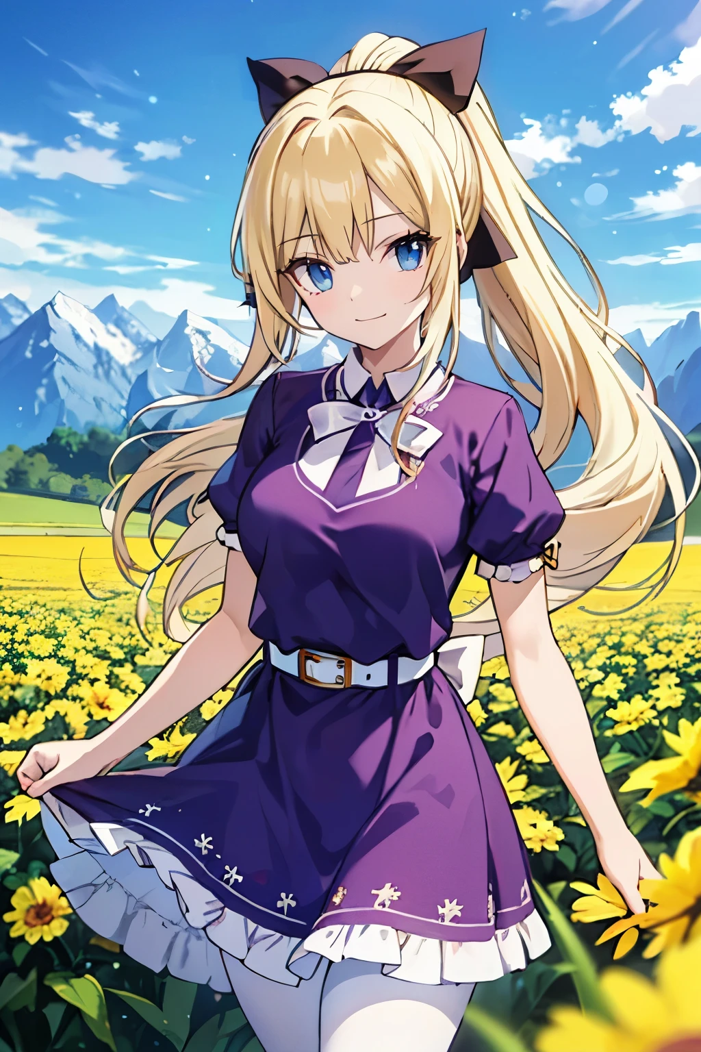 Safe for work, masterpiece, best quality, solo, 1 girl, (young female body:1.4), ( medium breasts), slender legs, golden yellow hair, extra long hair, wavy hair, blunt bangs, crystal blue eyes, very detailed eyes, mountain background, flowerfield, standing, smiling, cute girl, cowboy shot, detailed eyes, expressive face, purple short dress, purple dress, white details, white pantyhose, white belt with a bow, white belt, ponytail, hair ribbon