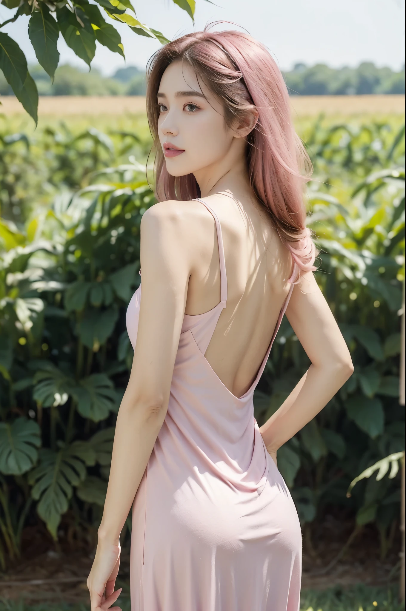 (((best quality))),(((ultra detailed))),(((masterpiece))),illustration,((1 beautiful girl,solo)),((slim,thin)),((bare back,towering hips,butt crack)),((summer afternoon)),(standing:1.3),(in cornfield:1.3), (hotpink dress:1.5), delicate,(medium straight hair:1.2), radiant smile, vibrant atmosphere, elegance, grace,fresh and cool,towering stalks, densely packed, soothing melody, serene and peaceful, hustle and bustle,majesty, harmoniously, essence of summer, tranquility, relaxation, peacefulness of nature,((from back,upper body))