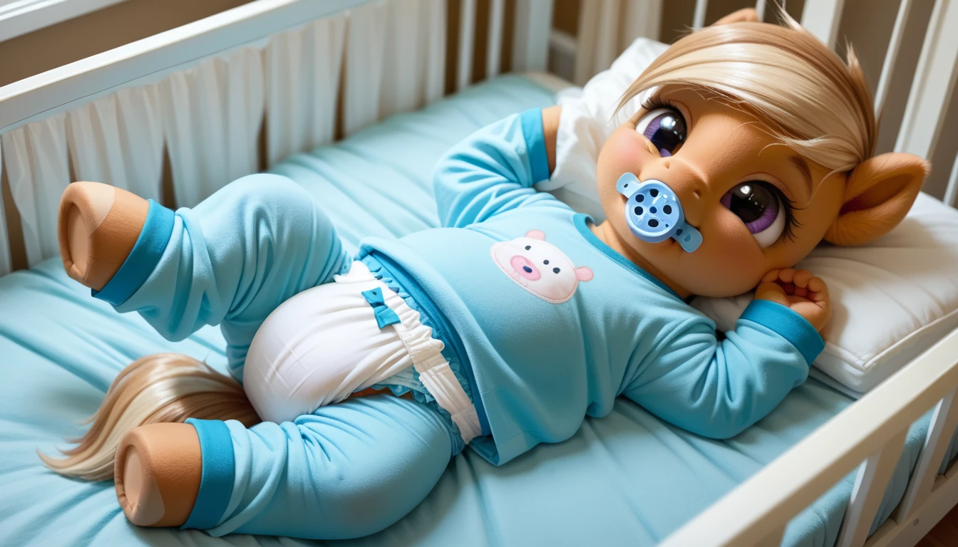 pony, light caramel unicorn, adult filly, sleeps in a crib, wearing a blue baby pajamas and blue foal booties, blue pacifier in mouth, solo, thick baby blue diaper under clothes, foal bedroom background.