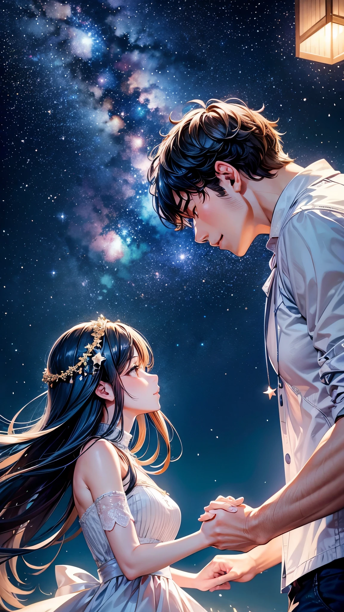 The beautiful starry sky at night looks more and more bright. A man and a woman look up at the stars and hold hands.
