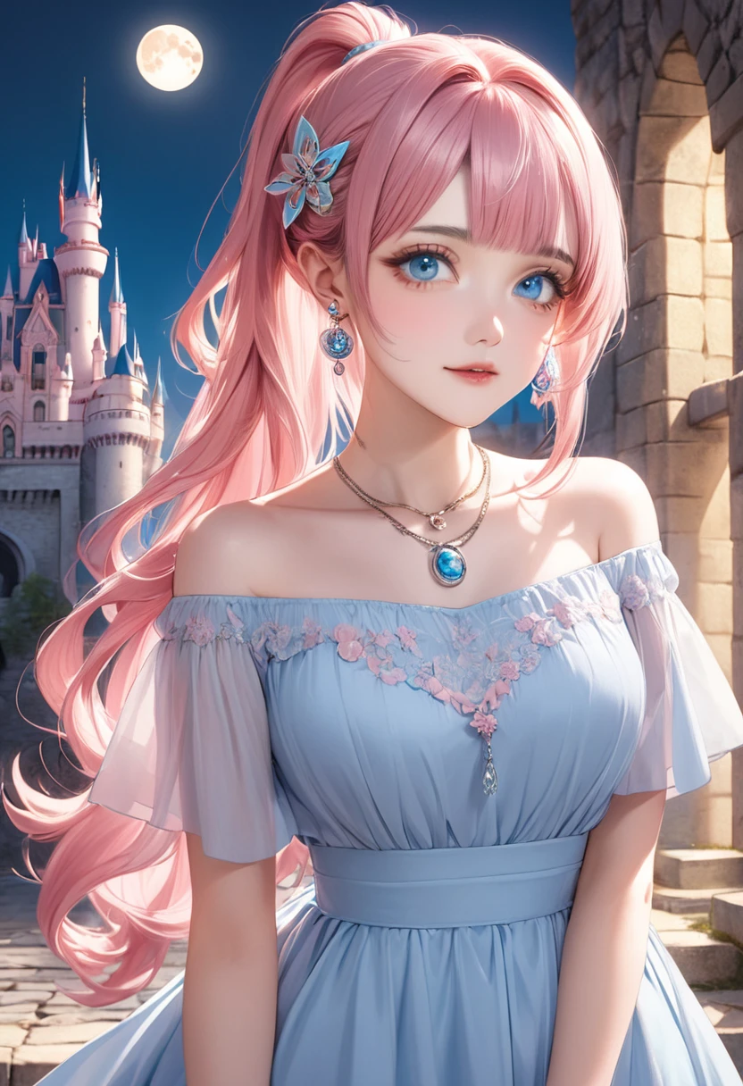 1 female Pink hair ponytail Pink eyebrows Dull light blue eyes society Pastel blue long dress Inside the castle full moon hair ornaments Earrings and matching necklace
