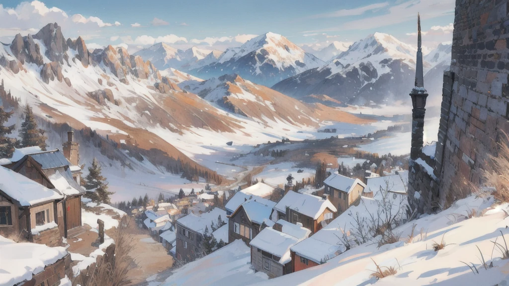 background material, antique, high quality, view from a castle wall looking towards a village in the distance with grey snow capped mountains in the far background, dried grass, close upp, medieval fantasy, muted colors,