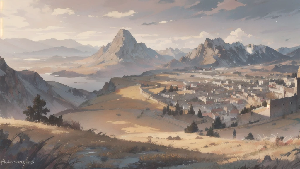 background material, antique, high quality, view from a castle wall looking towards a village in the distance with grey mountains in the far background, dried grass, close upp, medieval fantasy, muted colors,