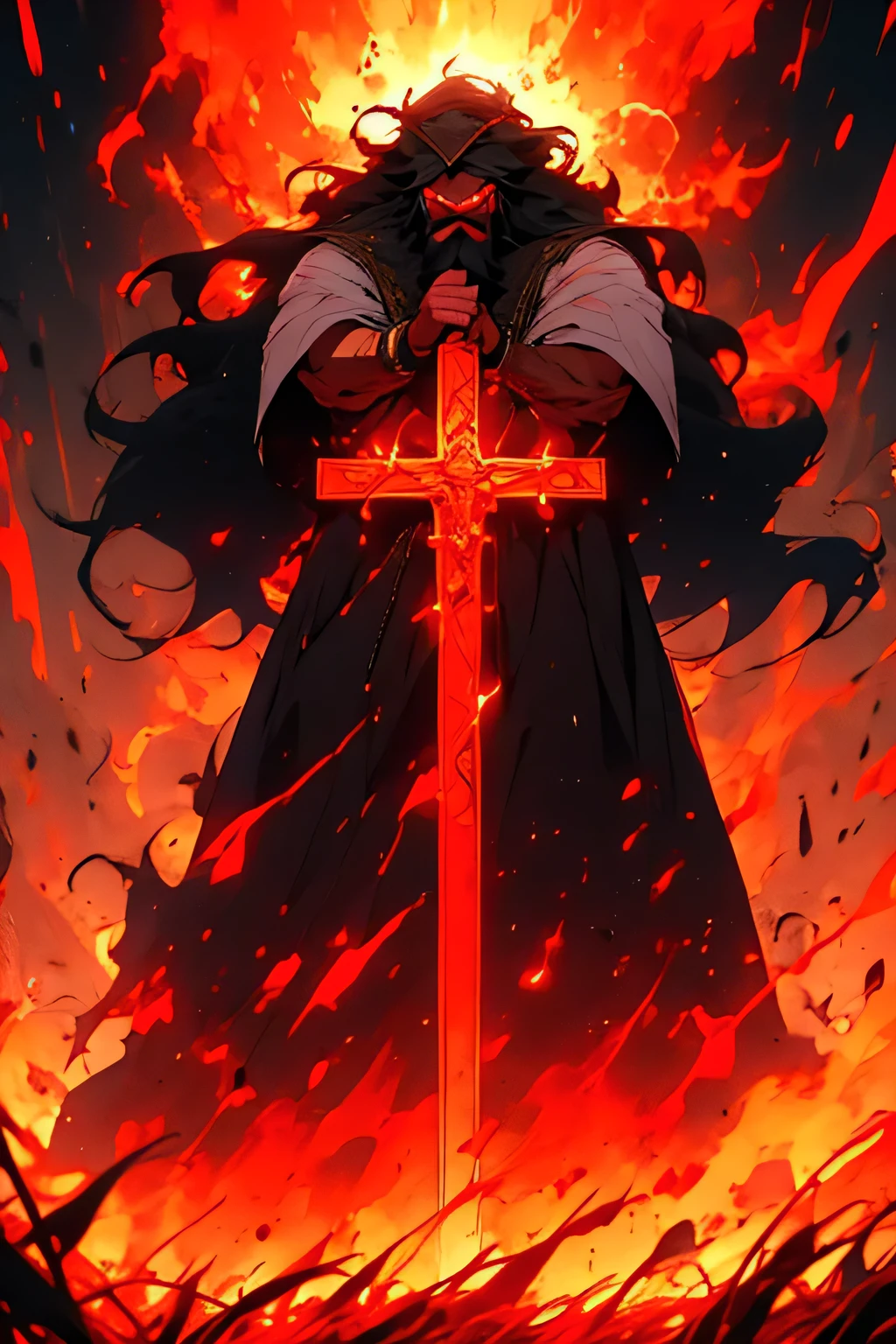 Jesus Christ with red glowing eyes and big beard and long hair holding a giant cross
