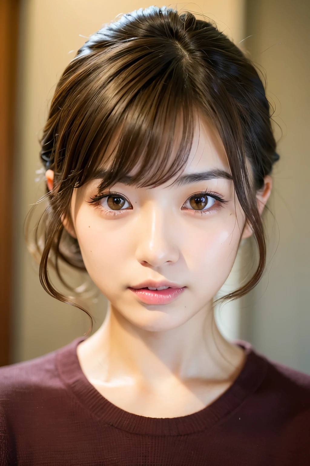 A Japanese girl with brown hair, slightly youthful appearance, 24 years old, with a mature expression, sensual lips, an approachable presence, with bangs, slightly smaller eyes, thin eyebrows, and a bit of uneven skin texture.