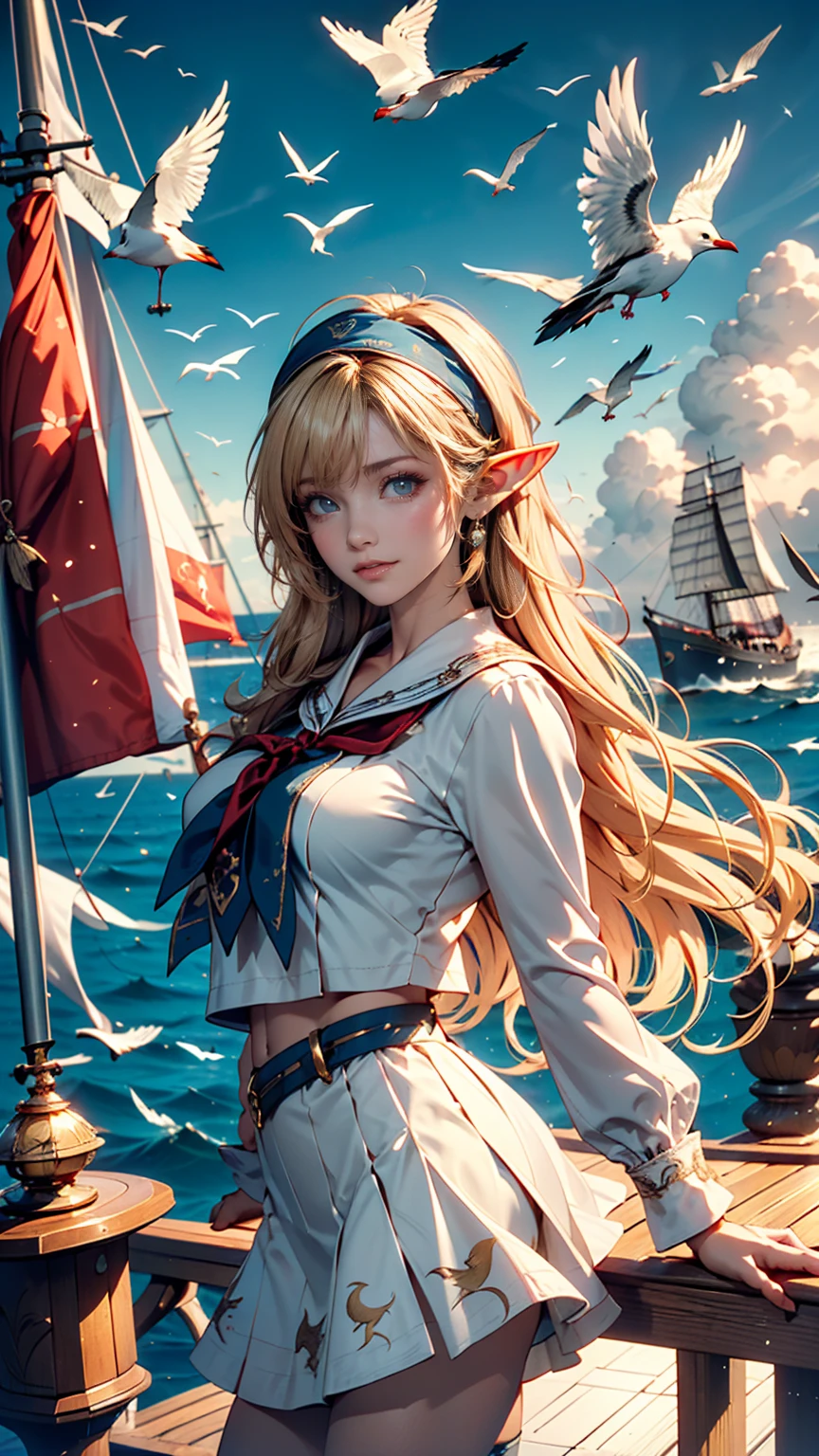 (((masterpiece, Highest quality, High resolution, Attention to detail)))), ((((Fantasy))), One, (Elf Woman)))), (White short skirt with gold embroidery), (Long straight blonde hair), (Shiny dark green eyes), (White frilly blouse with gold embroidery), big, (((On the deck of a sailing ship at sea)), (Vast ocean))), (The sky with clouds)), (( Seagulls flying in the sky)), smile, (Wind), Particles of light flying、Wearing a Bandit Bandana