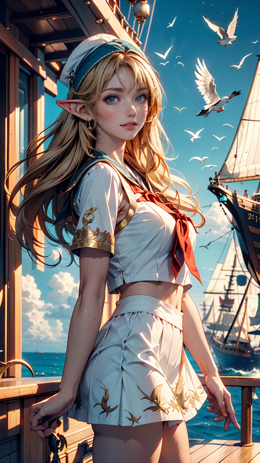 (((masterpiece, Highest quality, High resolution, Attention to detail)))), ((((Fantasy))), One, (Elf Woman)))), (White short skirt with gold embroidery), (Long straight blonde hair), (Shiny dark green eyes), (White frilly blouse with gold embroidery), big, (((On the deck of a sailing ship at sea)), (Vast ocean))), (The sky with clouds)), (( Seagulls flying in the sky)), smile, (Wind), Particles of light flying、Wearing a Bandit Bandana