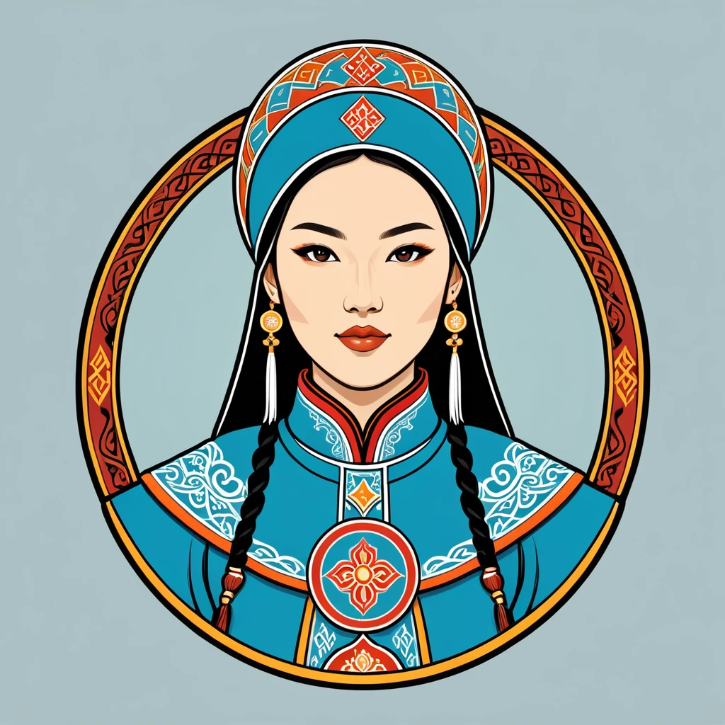 female cleric in mongol folk outfit ,vector graphics, strong contours, logo design