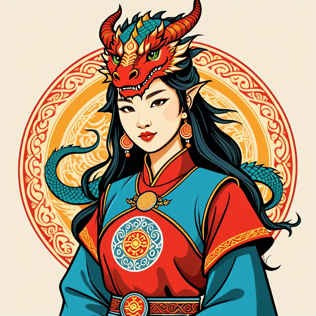 female	dragon	in mongol folk outfit	,vector graphics, strong contours, logo design																						