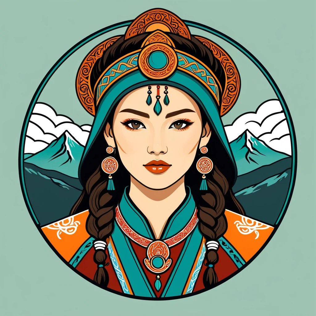 female	druid	in mongol folk outfit	,vector graphics, strong contours, logo design																						