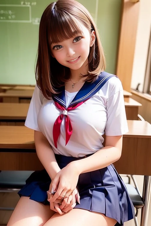 ((Sailor wear、Sailor Costume、Sailor Uniform、high school girl、Sailor suit、Red ribbon、Short sleeve、Navy pleated mini skirt with slit))、1 girl、Bob Hair、Brown Hair、Medium breast、smile、masterpiece:1.3、Raw photo、Highest quality、indoor、classroom、Sit on a chair、You can see the blackboard、Detailed Background、Anatomically correct arms and legs、Anatomically correct fingers、