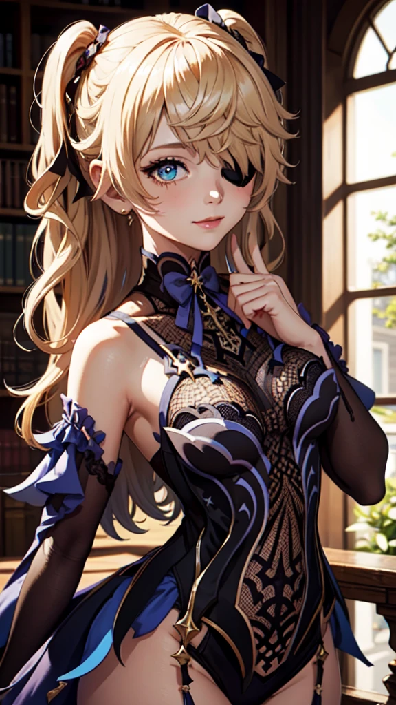 Young blonde girl in a library, black eye patch, twin small ponytails,
BREAK (masterpiece:1.2), best quality, high resolution, unity 8k wallpaper, (illustration:0.8), (beautiful detailed eyes:1.6), extremely detailed face, perfect lighting, extremely detailed CG, (perfect hands, perfect anatomy), joyful, laughing, Happy, corset with deep lace neckline