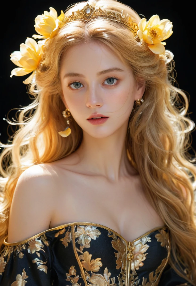 (Skeleton-like:0.4), ((female Gorgeous princess)), (With flowing golden hair), (Bright beautiful eyes), Popular on artstation, Jean-Honore Fragonard (Jean-Honor Fragonard) Flower of Hope, Peter Moore, Ultra Detailed, Crazy details, amazing, complex, Elite, Art Nouveau, Gorgeous, Liquid wax, elegant, extravagant, luxurious, Greg Rutkowski, Ink style, sticker, Vector Art, Beautiful character designs, Double exposure shooting, Luminous design, The award-winning, masterpiece, AMOLED black background, (Whole torso),