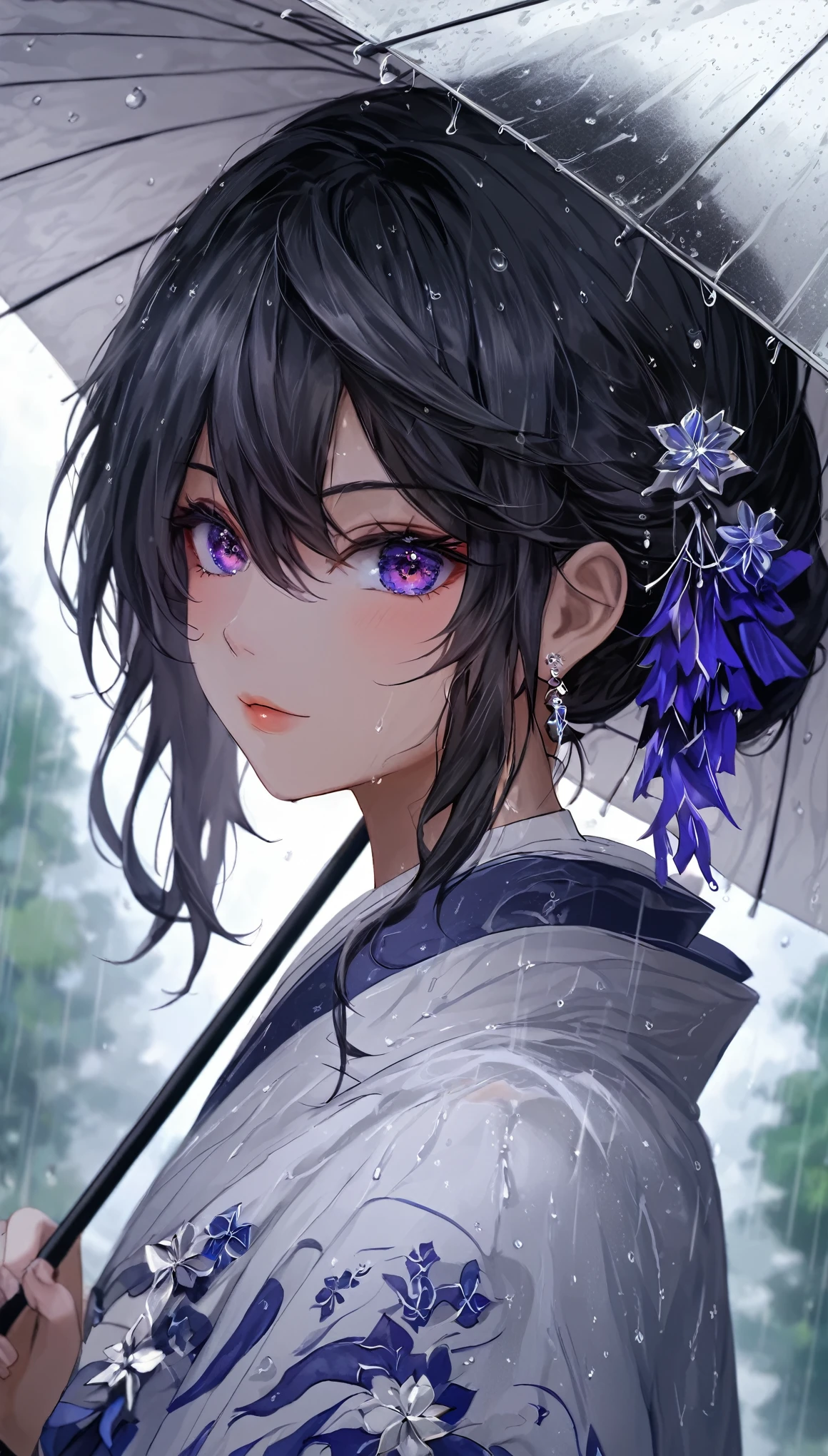 hydrangea、umbrella、Gal、ice、Particles that glow throughout、Dimly、rain、Fisheye Lens:1.2、depth、far and near method