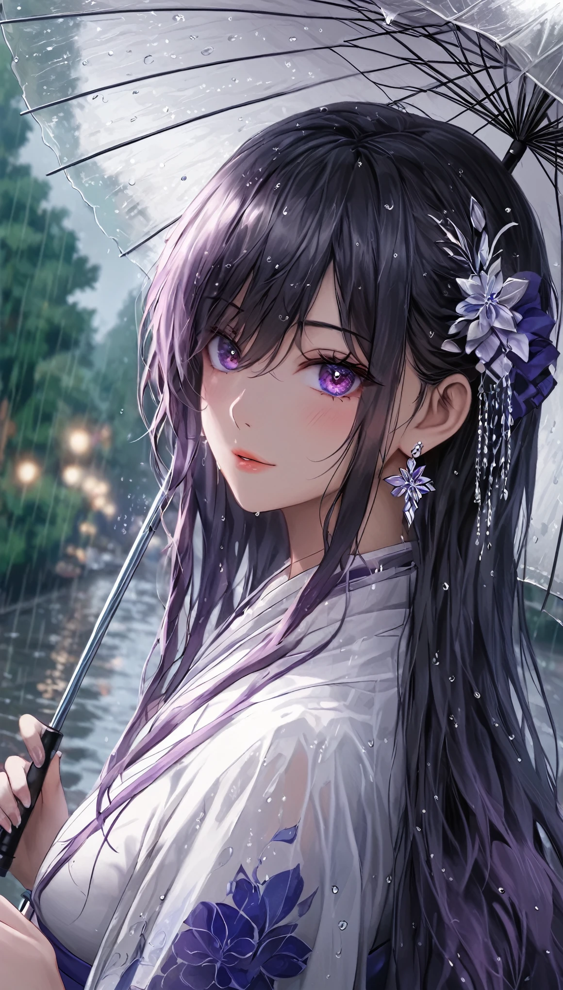 hydrangea、umbrella、Gal、ice、Particles that glow throughout、Dimly、rain、Fisheye Lens:1.2、depth、far and near method