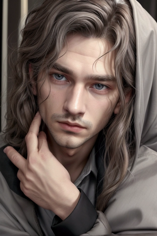 ((Best Quality)), ((masterpiece)), (detailed), A man in a black jacket and a gray shirt. His hair is straight brown but a little wavy with capillary poliosis in the locks on his forehead., he looks disheveled but charming, amber eyes. He is a detective, commonly smokes. masculine 