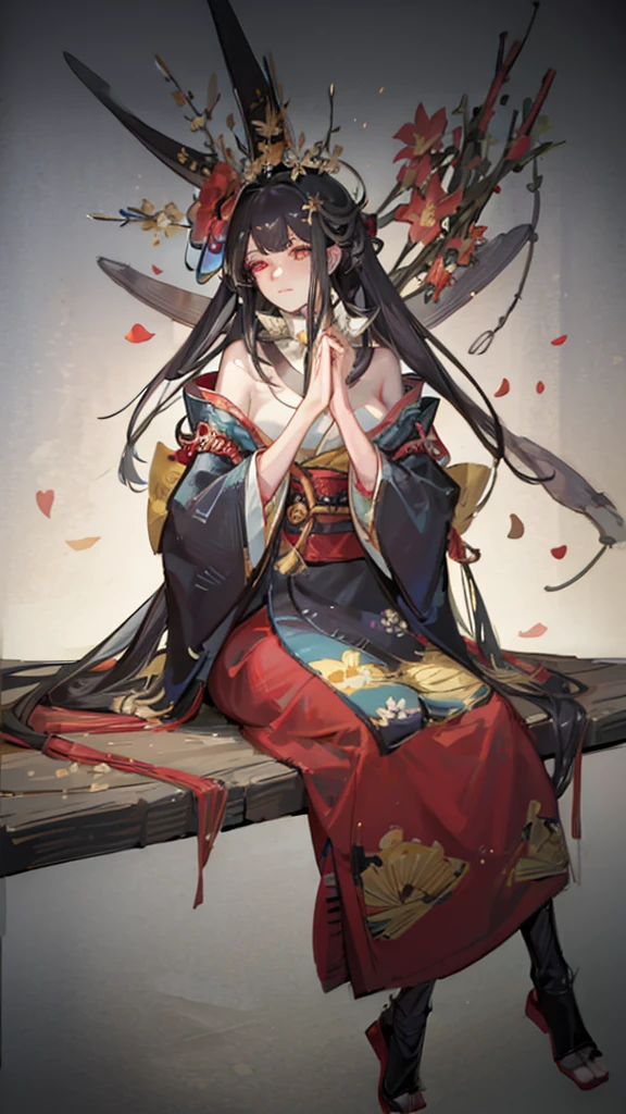 Highest quality, Pixiv, Black Hair, hair ornaments, kimono, hair flower, flower, kimono, mask, One girl, Sitting, Long Hair, with own hands, View your viewers, 6+boy, pray, multiple boy, Flower pattern print, Wide sleeves, fear, Apparition, scared, ugly, chiaroscuro, cinematic lighting, (masterpiece:1.2), UHD, high details, best quality, highres, 8k