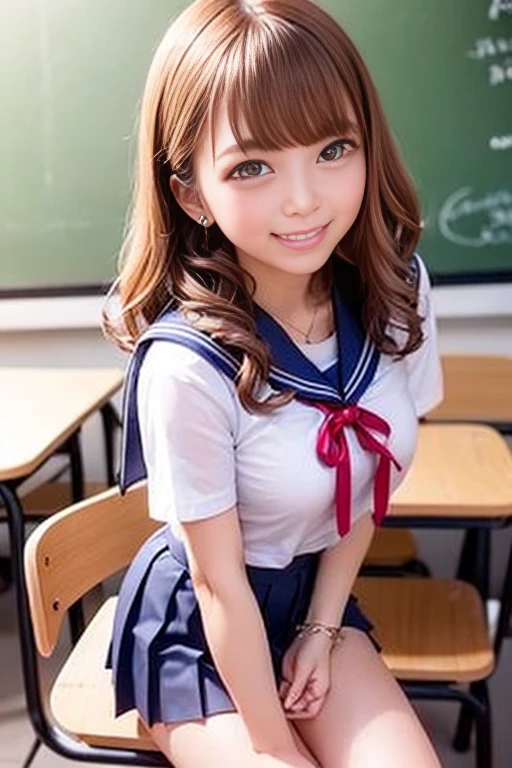 ((Sailor wear、Sailor Costume、Sailor Uniform、high school girl、Sailor suit、Red ribbon、Short sleeve、Navy pleated mini skirt with slit))、1 girl、Bob Hair、Brown Hair、Medium breast、smile、masterpiece:1.3、Raw photo、Highest quality、indoor、classroom、Sit on a chair、You can see the blackboard、Detailed Background、Anatomically correct arms and legs、Anatomically correct fingers、