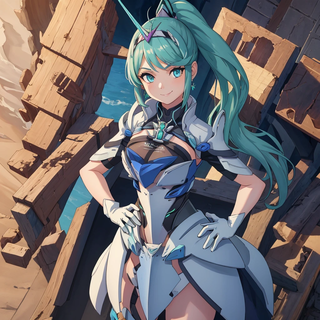 masterpiece, Highest quality, One girl, alone, Pneumadef, ponytail, tiara, Earrings, Chest jewels, armor, gloves, Hands on hips, View your viewers, smile