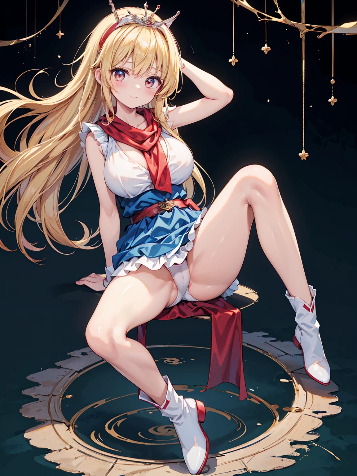 masterpiece,highest quality,8k anime quality,Official Style,Official Art,Anime Coloring Book,super high quality_Anime image quality, High resolution, 8k, wallpaper,Very detailed,Perfect Eyes,Perfect Face,(Beautiful Face:1.2),Glowing Skin,Focus on the chest, ((magic princess, Sleeveless blue dress,Blue mini skirt,hair band,Scapula,boots,Red scarf,tiara,WhiteShoes,)),1 girl, alone, Blonde Hair,Long Hair, Brown eyes, Large Breasts,(Large Breasts:1.4)、(I can see her panties, small, white), smile, Full Body Shot, Combat pose, (Spread your legs:1.5), (Forest Background,), Remove color noise, White panties, Panty shot