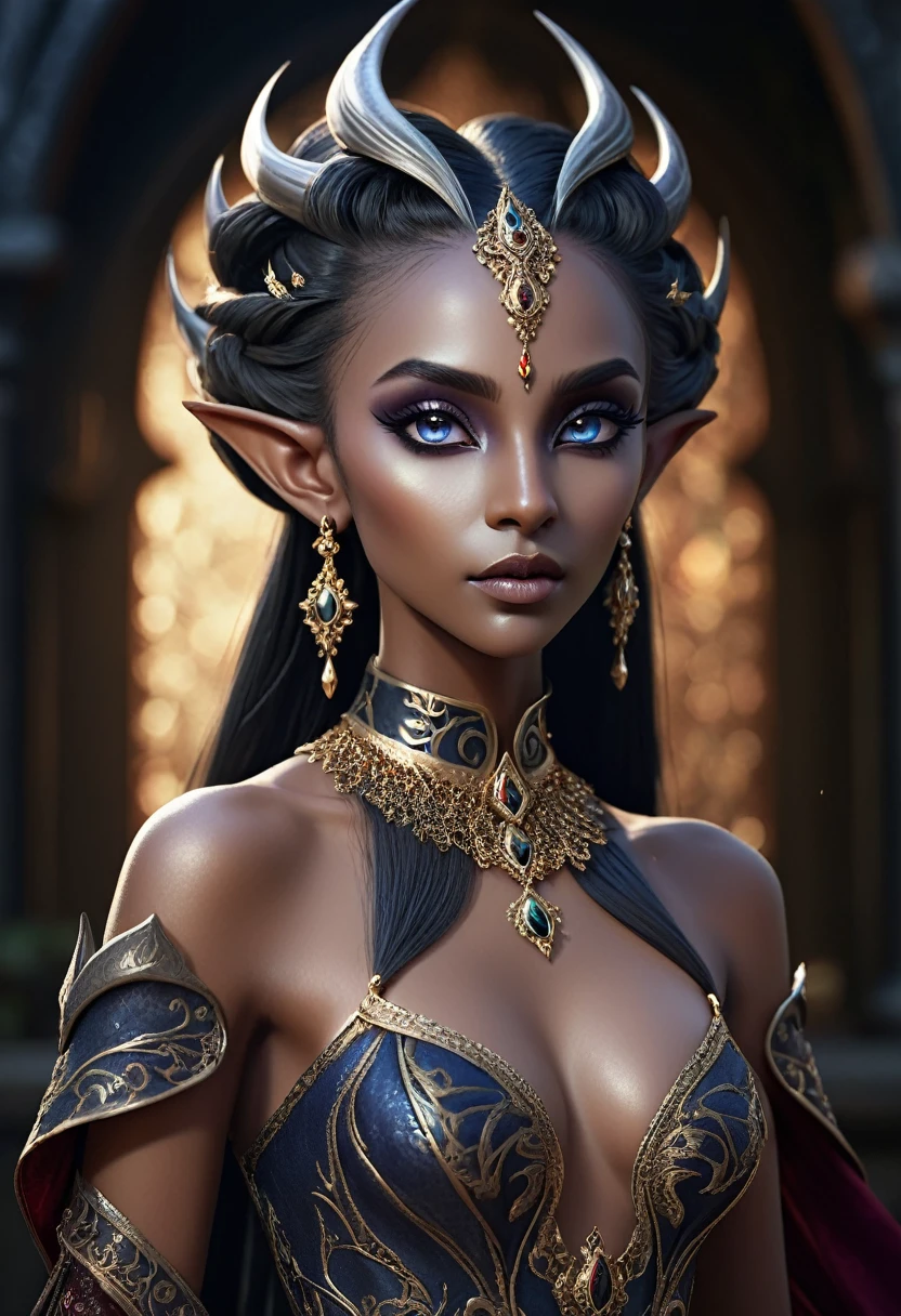 a dark elf girl, full body, glamorous, detailed face, beautiful eyes, high cheekbones, long eyelashes, elegant hairstyle, intricate jewelry, detailed skin texture, dramatic lighting, rich colors, atmospheric background, photorealistic, cinematic, 8k, best quality, masterpiece