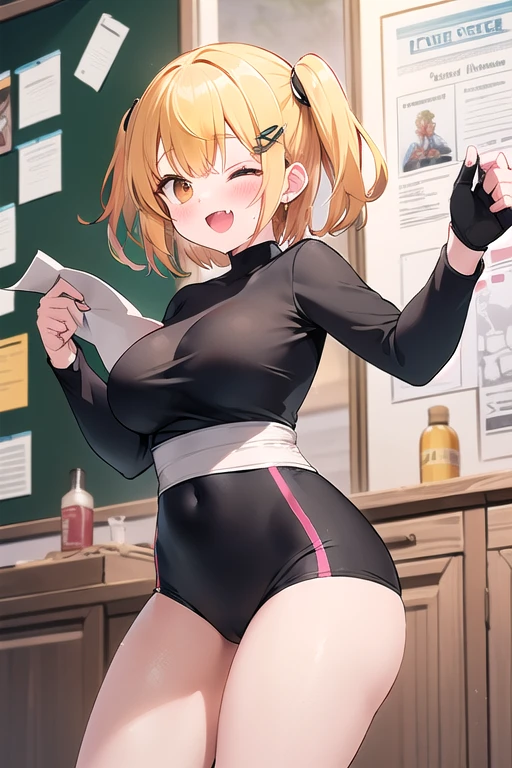 Cute naughty martial artist, Pastel colors hair, (huge breasts:1.6, Thighs:1.2, thick legs:1.2, curvy:1.2), yellow orange hair, (undercut:2.0, short two side up:1.2, medium hair:1.8), (naked:1.4), standard height, (blush:1.2, fang:1.2, ;d), at the adventurer's guild, A bulletin board with posted paper, fighting stance