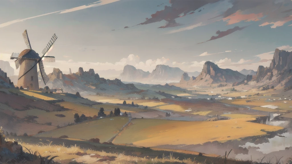 background material, antique, high quality, view from a far looking towards a village with a windmill in the distance with grey mountains in the far background, dried grass, green trees in the background, close up, medieval fantasy, muted colors, 