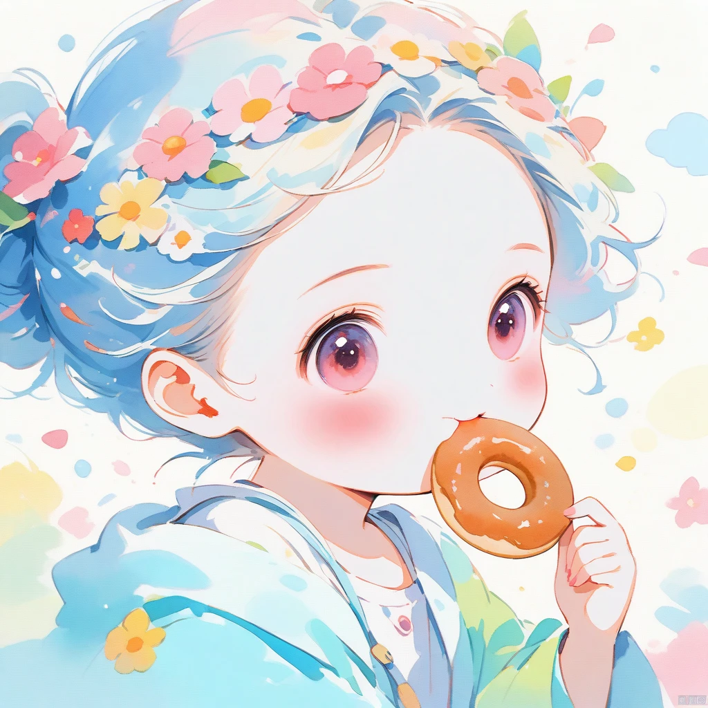 (best quality, high resolution, Watercolor Eating Donuts