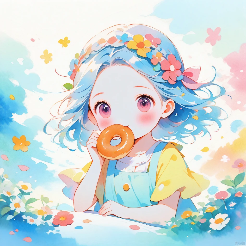 (best quality, high resolution, Watercolor Eating Donuts