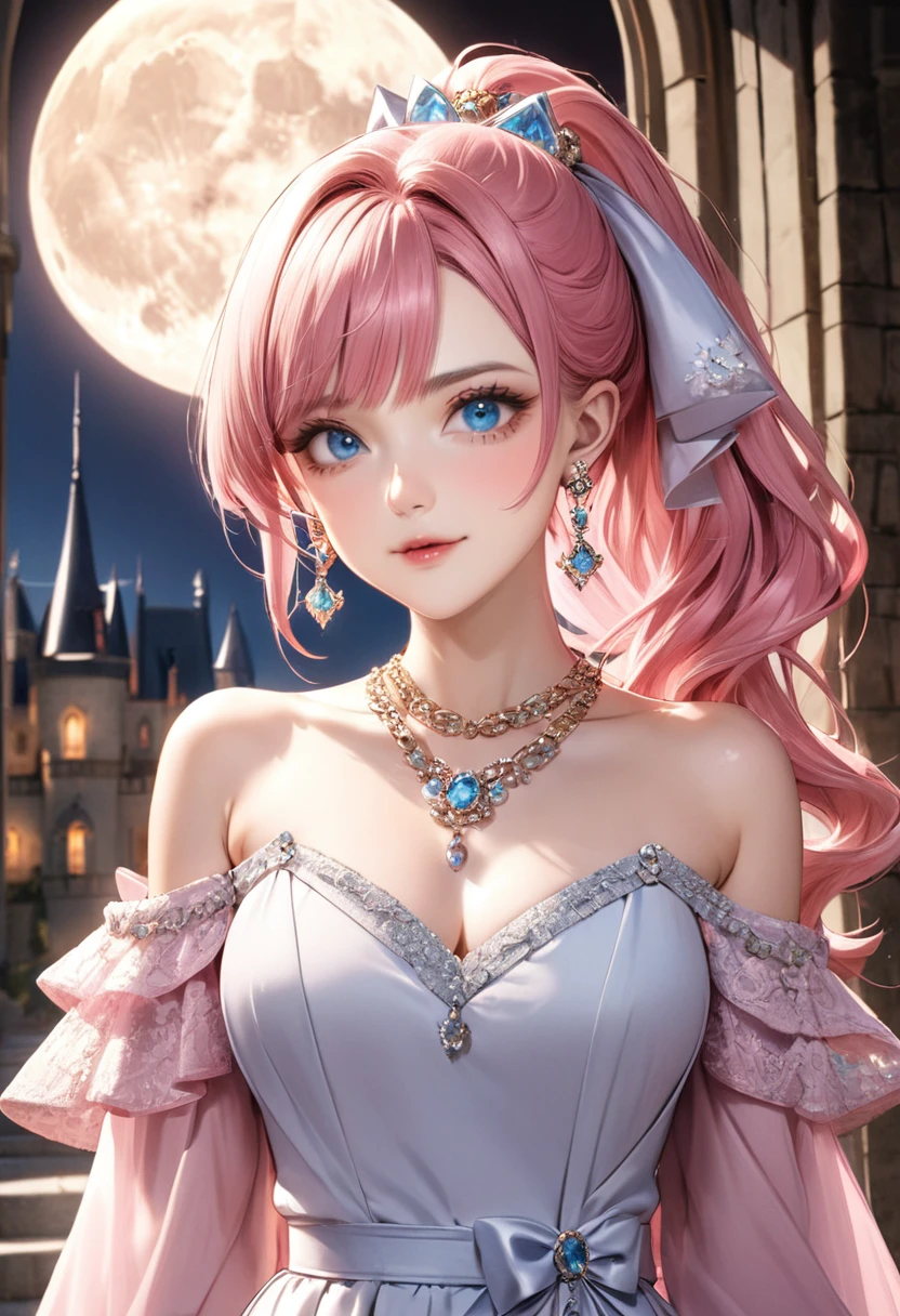 1 female Pink hair ponytail Pink eyebrows Dull light blue eyes Socialite debut Long dress Inside the castle full moon hair ornaments Earrings and matching necklace