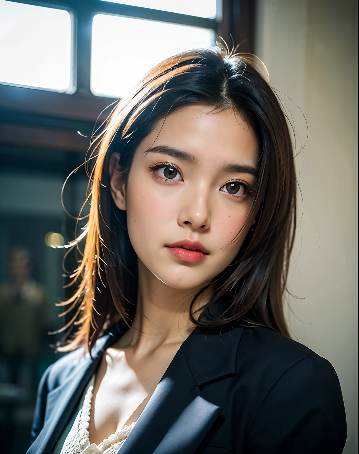 best quality, Face Focus, Soft Light, Ultra-high resolution, (Reality:1.4), RAW photos, 1China girl,Front view,Solitary, Lovely, (pupil, Light in Eyes), Detailed beautiful face, (Small chest),(High-resolution details of human skin texture), (Shoulder-length hair), indoor, Black Blazer,White shirt bottom, (portrait)