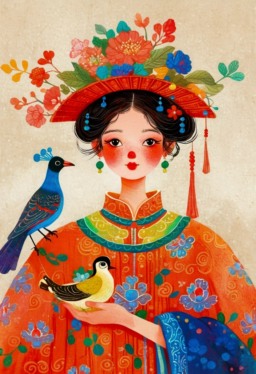 illustration of a girl in a rich and colorful dress and hat with a bird on her head, Illustrations of Shao Mi&#39;s storybook, tumblr, Process art, rich and colorful! role conception, A beautiful artistic illustration, Chinese Girl, Folklore illustrations, rich and colorfull illustration, lulu chen, rich and colorful illustration, 