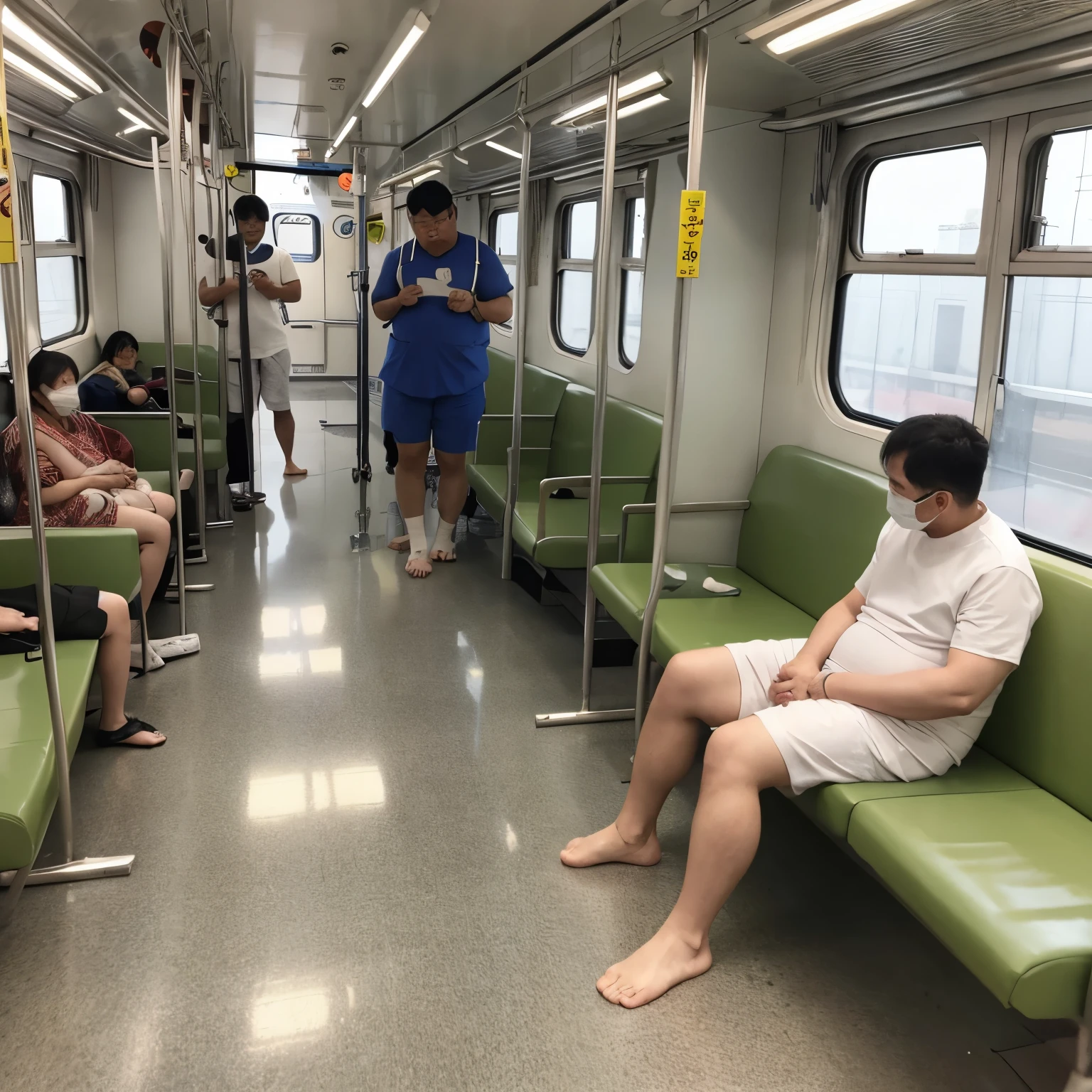 on the train、左Has bandages on his legs、Fat uncle、diabetes、patient、barefoot、on crutches、Has bandages on his legs