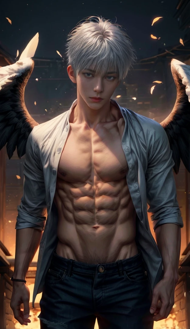 Japanese male model, adult, handsome, perfect face, detailed eyes and face, clean shaved, sixpack realistic, white eyebrow hair, white eyelashes, dynamic lighting, unreal engine 5, hd picture, satoru gojo, white hair, short hair ,hair between eyes ,blue eyes, white skin, Short jeans, Eagle wing details