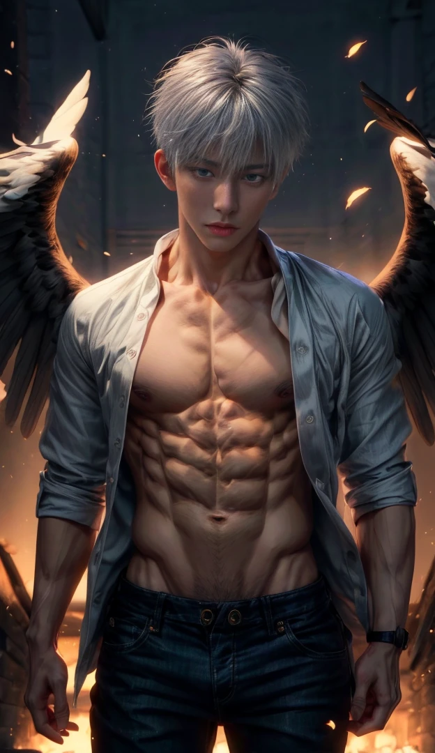 Japanese male model, adult, handsome, perfect face, detailed eyes and face, clean shaved, sixpack realistic, white eyebrow hair, white eyelashes, dynamic lighting, unreal engine 5, hd picture, satoru gojo, white hair, short hair ,hair between eyes ,blue eyes, white skin, Short jeans, Eagle wing details