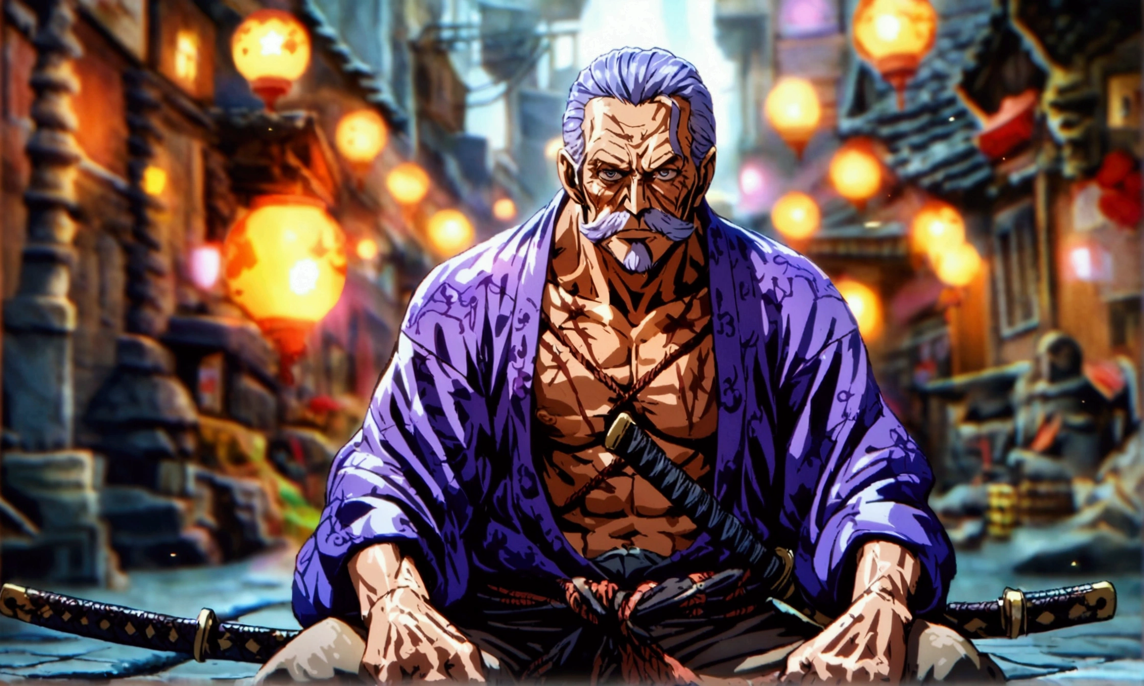 Old man, purple hair with gray tinge, gray drool, gray eyes, cut scars all over his body, gray open shirt, brown pants tied with rope, lying on the ground with his arms behind his head, katana at his side, alley background, "Anime character design inspired by One Piece, full of dramatic and impressive lighting, focus on the centralized character, impressive face, full of creative details, ultra-fine 4K design, scenery bathed in creativity, boasting 2D anime resolution clarity, HD anime graphics, high-octane rendering"