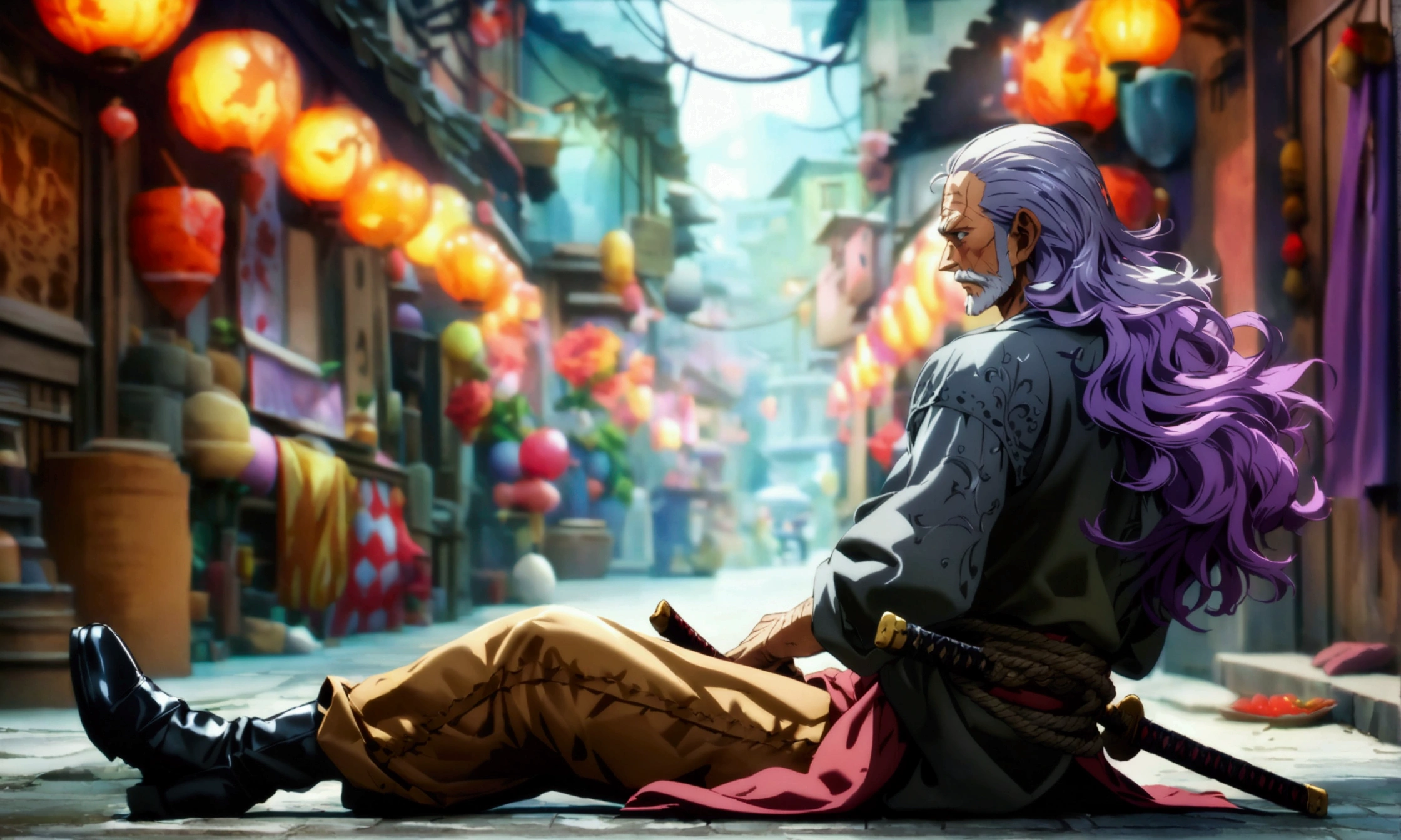 Old man, purple hair with gray tinge, gray drool, gray eyes, cut scars all over his body, gray open shirt, brown pants tied with rope, lying on the ground with his arms behind his head, katana at his side, alley background, "Anime character design inspired by One Piece, full of dramatic and impressive lighting, focus on the centralized character, impressive face, full of creative details, ultra-fine 4K design, scenery bathed in creativity, boasting 2D anime resolution clarity, HD anime graphics, high-octane rendering"