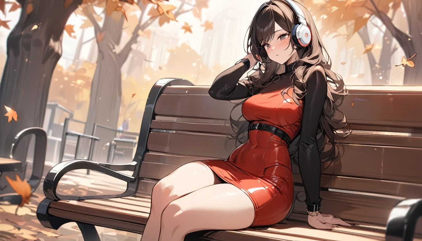 ((Top Quality)), ((Masterpiece)), ((Details)), perfect face, perfect body, fallen leaves background, sitting on a bench, listening to music, wearing headphones, wearing tight clothes, wear a tight skirt, dating, Woman with face visible, glamorous