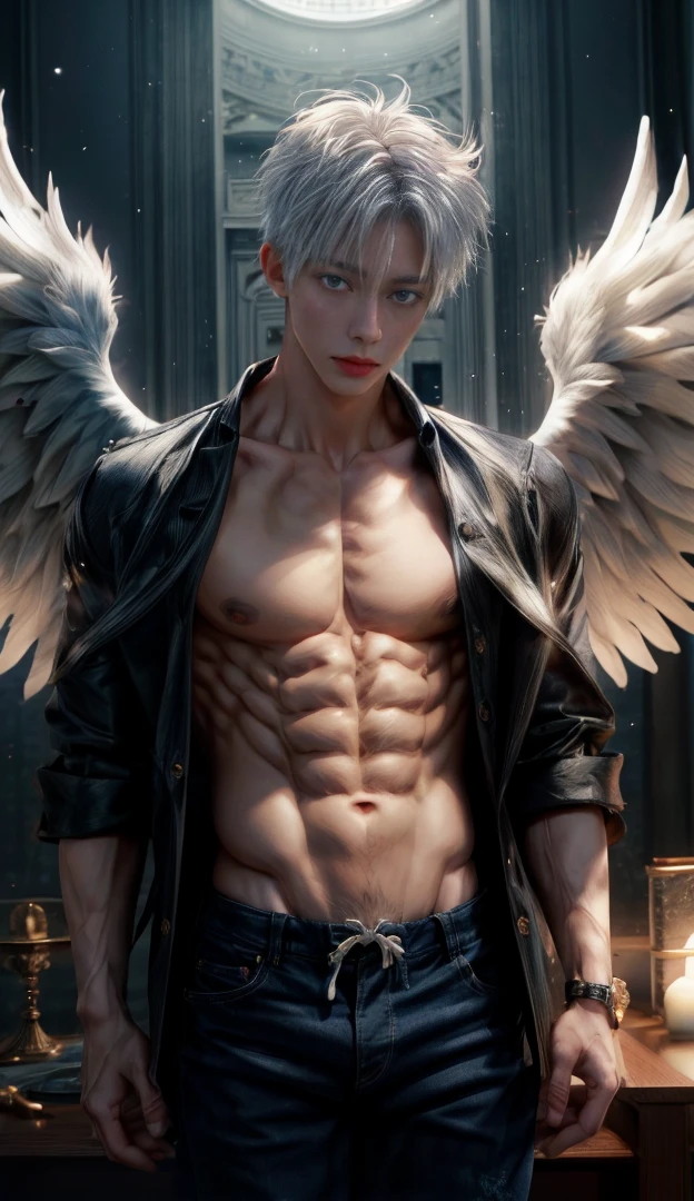 Japanese male model, adult, handsome, perfect face, detailed eyes and face, clean shaved, sixpack realistic, white eyebrow hair, white eyelashes, dynamic lighting, unreal engine 5, hd picture, satoru gojo, white hair, short hair ,hair between eyes ,blue eyes, white skin, Short jeans, Angel wings