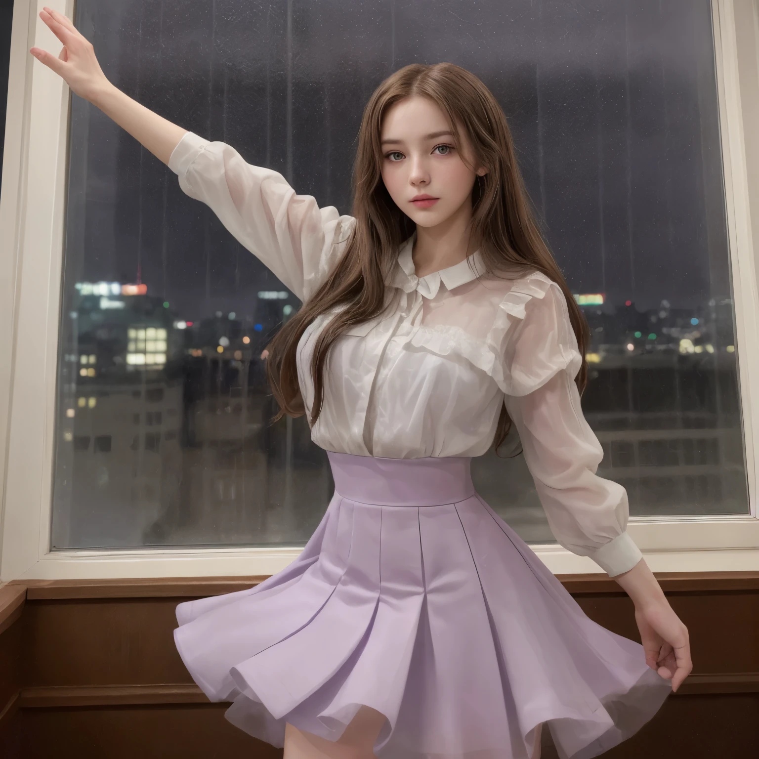 masterpiece, Highest quality, One girl, Elaina_(May_no_gossip), Brown Hair, Purple eyes, Long Hair, rain、Elegant outfit、The night view outside the window、Dance poses
