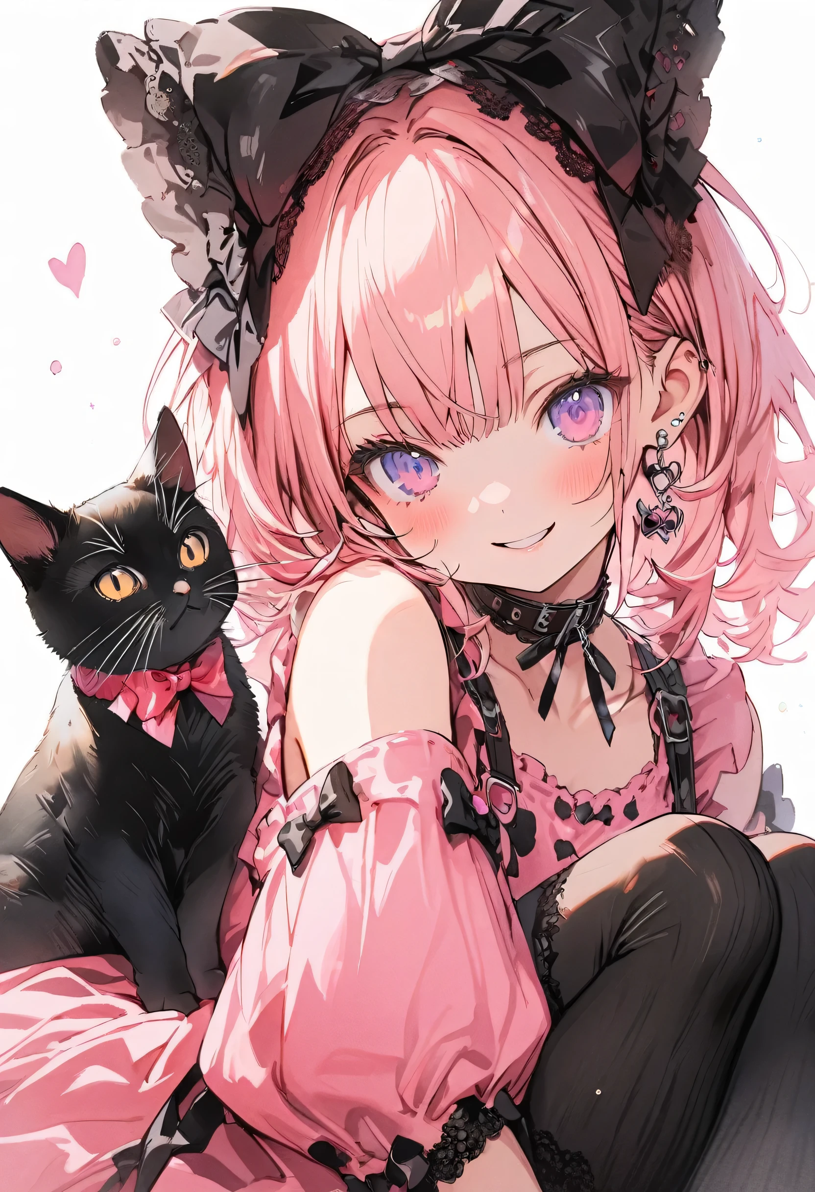 cute girl, cute girl is wearing a kawaii fashion outfit, outfit features a pink blouse with black lace trim and a large bow at the collar, The blouse is paired with a black high-waisted skirt with lace-up details, The person is also wearing black knee-high socks with lace tops, The overall look is cute and elegant, watercolor, clear, cute illustration, beautiful detail, fain touch outline, best quality, top quality, ultra detailed, masterpiece, beautiful detail, cute illustration, beautiful detail, cute girl