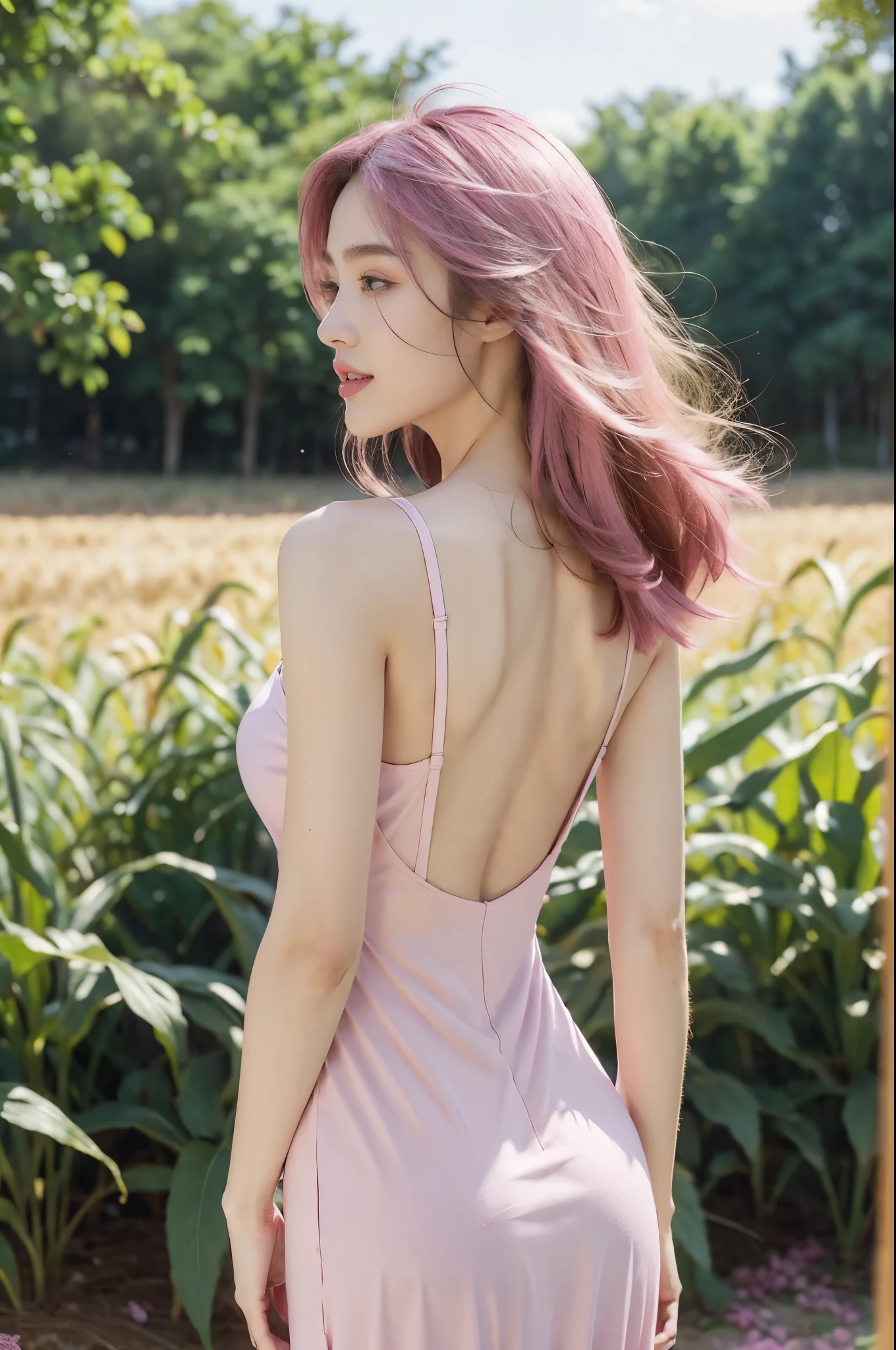 (((best quality))),(((ultra detailed))),(((masterpiece))),illustration,((1 beautiful girl,solo)),((slim,thin)),((bare back,towering hips,butt crack)),((summer afternoon)),(standing:1.3),(in cornfield:1.3), (hotpink dress:1.5), delicate,(medium straight hair:1.2), radiant smile, vibrant atmosphere, elegance, grace,fresh and cool,towering stalks, densely packed, soothing melody, serene and peaceful, hustle and bustle,majesty, harmoniously, essence of summer, tranquility, relaxation, peacefulness of nature,((from back,upper body))