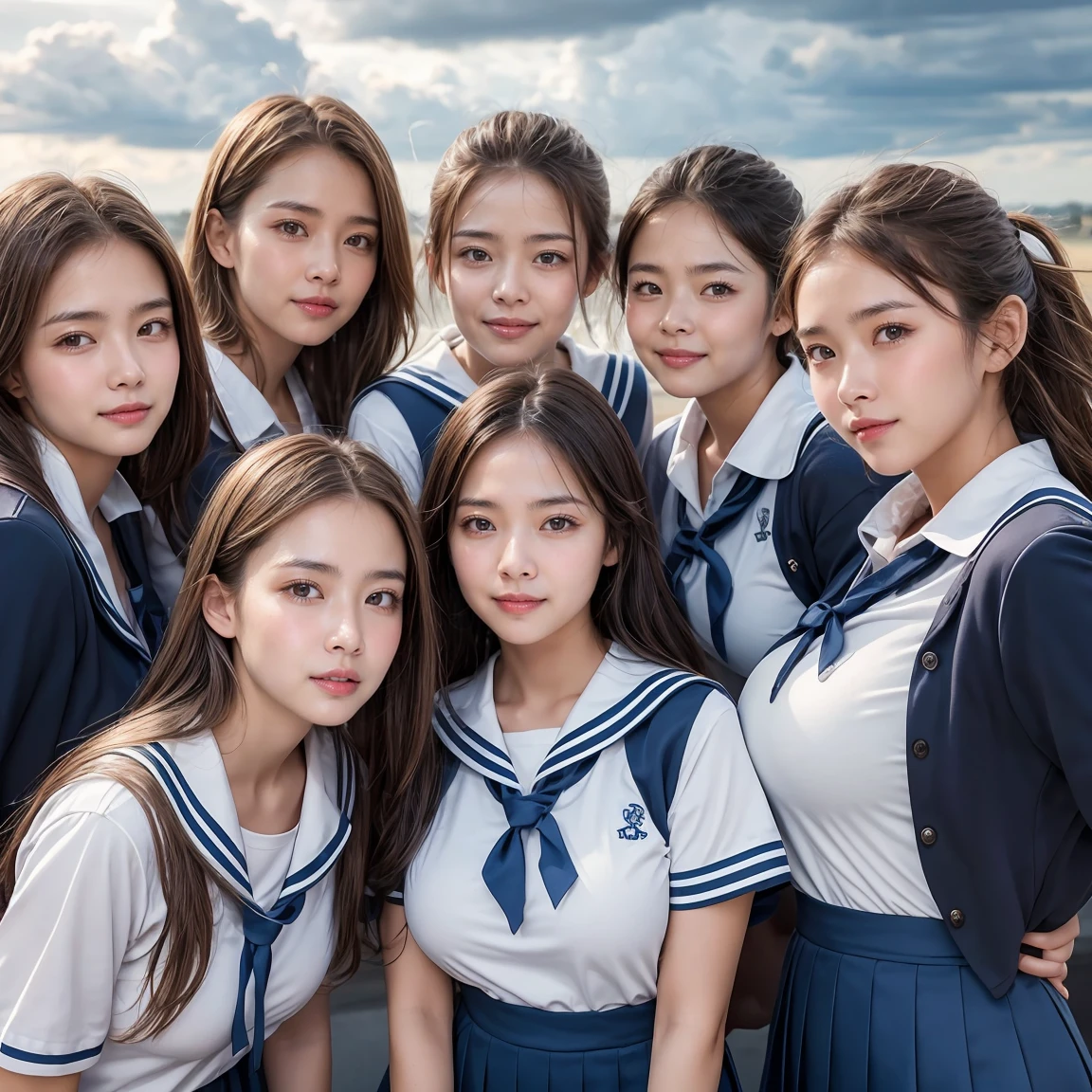 Highest quality, Super detailed, (Ultra-high resolution,8k), Ultra-high definition 4K, (Perfect Anatomy, Anatomically correct), (Five high school girls with young faces), (Beautiful Eyes), (Detailed eyes), (High-quality facial beauty), (In the Storm:1.2), (Photorealistic), (Detailed big breasts), Soft Skin, Glowing Skin, (School Sailor Uniform), Bright lighting, Very heavy rain, (Five high school girls with young faces), colorful, Goddess-like beauty
