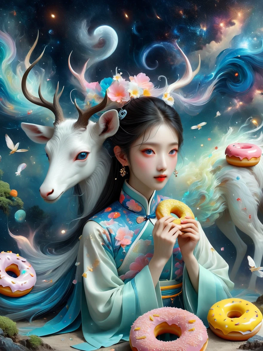 Surreal photos,Nine-Colored Deer Guardian,High-resolution photos,The beautiful nine-colored deer in mythology,A peaceful and dreamy scene,A little girl in Hanfu sits next to a mysterious nine-colored deer,(((Eating donuts))),Donut crumbs fell on the ground,Bitten donut,Detailed donut eating action,The little girl is very cute,Detailed facial details,The background is a magical forest full of spirituality,Create a soft and ethereal atmosphere,The overall composition is beautiful,microorganism,plant,Marine life,Exquisite eyes,Starry Sky,Stitching together an abstract painting,Describing the inner world of autistic people,Sense of space,White Space,interesting,Innocence,Psychedelic Art