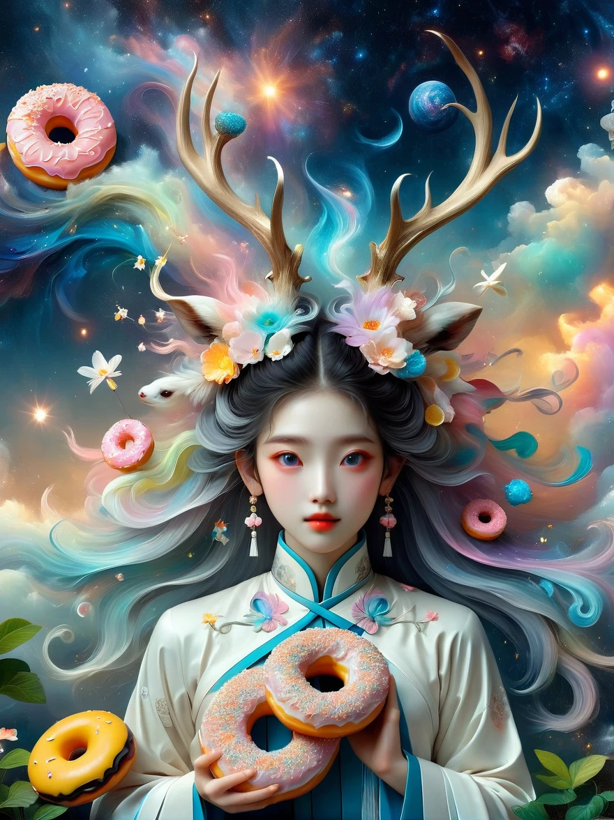 Surreal photos,Nine-Colored Deer Guardian,High-resolution photos,The beautiful nine-colored deer in mythology,A peaceful and dreamy scene,A girl in Hanfu sits next to a mysterious nine-colored deer,(((Eating donuts))),Donut crumbs fell on the ground,Bitten donut,Detailed donut eating action,The littleis very cute,Detailed facial details,The background is a magical forest full of spirituality,Create a soft and ethereal atmosphere,The overall composition is beautiful,microorganism,plant,Marine life,Exquisite eyes,Starry Sky,Stitching together an abstract painting,Describing the inner world of autistic people,Sense of space,White Space,interesting,Innocence,Psychedelic Art