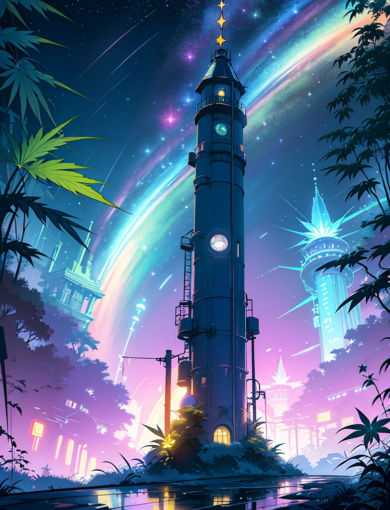 A steep chic train on a wet road. ,neon lights, neon galaxies, huge crystal moon, starry sky,,, in love Hemp, leaf, marijuana, cannabis, ((illustration)), colorful, wallpaper, energy, secret, magical environment, omniscience, prediction of the future, understanding the past, frost magic, --v 6