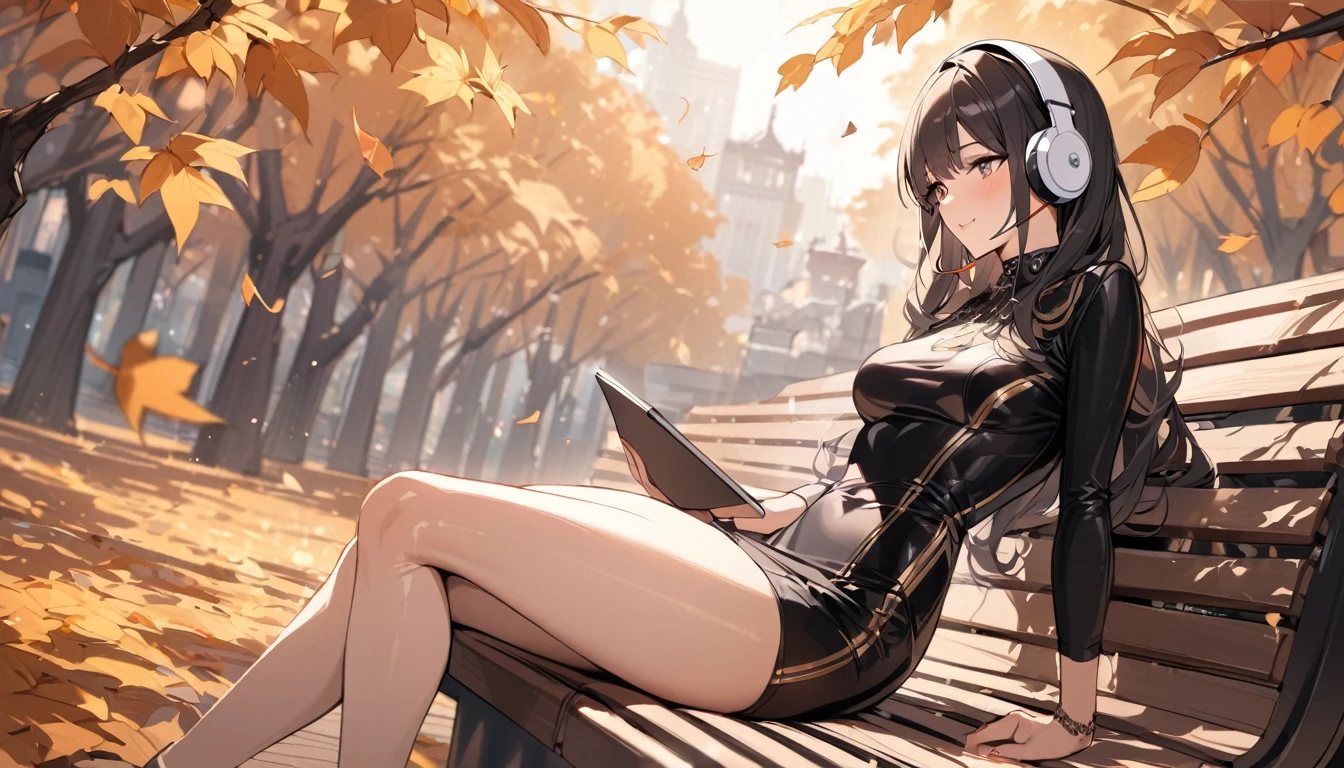((Top Quality)), ((Masterpiece)), ((Details)), perfect face, perfect body, fallen leaves background, sitting on a bench, listening to music, wearing headphones, wearing tight clothes, wear a tight skirt, dating, Woman with face visible, glamorous