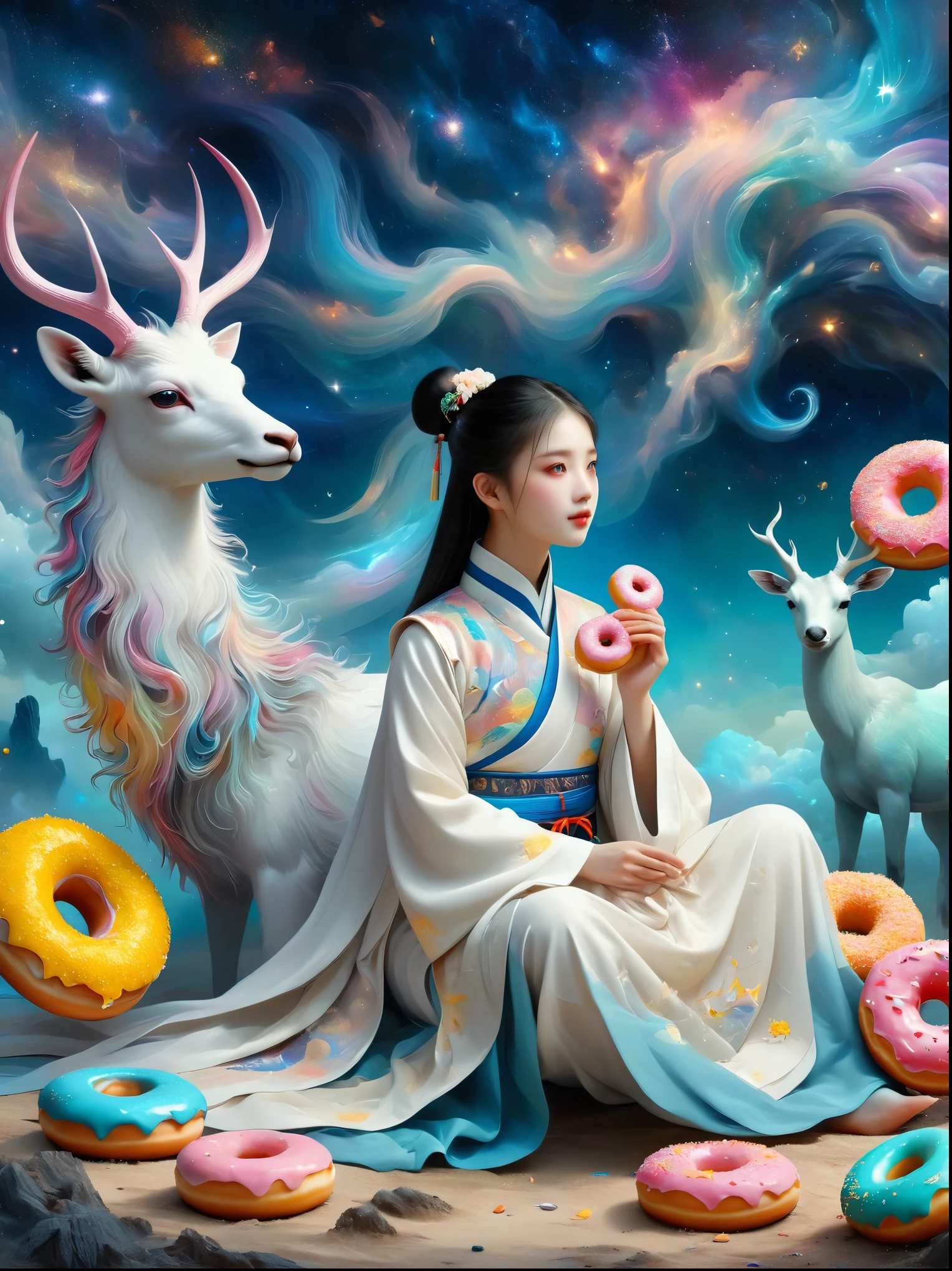 Surreal photos，Seven-Colored Deer Guardian，High-resolution photos，Huge and beautiful seven-colored deer，A peaceful and dreamy scene，A  girl in Hanfu sits next to a giant seven-colored deer，(((Eating donuts)))，Donut crumbs fell on the ground，Bitten donut，Detailed donut eating action，The littleis very cute，Detailed facial details，The background is a magical forest full of spirituality，Create a soft and ethereal atmosphere。The overall composition is beautiful，microorganism，plant，Marine life，Exquisite eyes，Starry Sky，Stitching together an abstract painting，Describing the inner world of autistic people，Sense of space，White Space，interesting，Innocence，Psychedelic Art