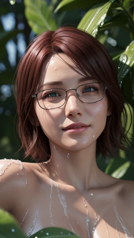 beach. whole body. Short, Red hair, green eyes, naked, wet skin, wet skin лица, wet skin тела, wet leaves, wet leaves липнут к мокрой коже, wet leaves липнут к мокрой коже тела, smile, girl 15 years old, metal frame glasses. ((elegance. photorealism. Unreal engine. 3D model. Ultra high quality textures. high detail. permission 8k))