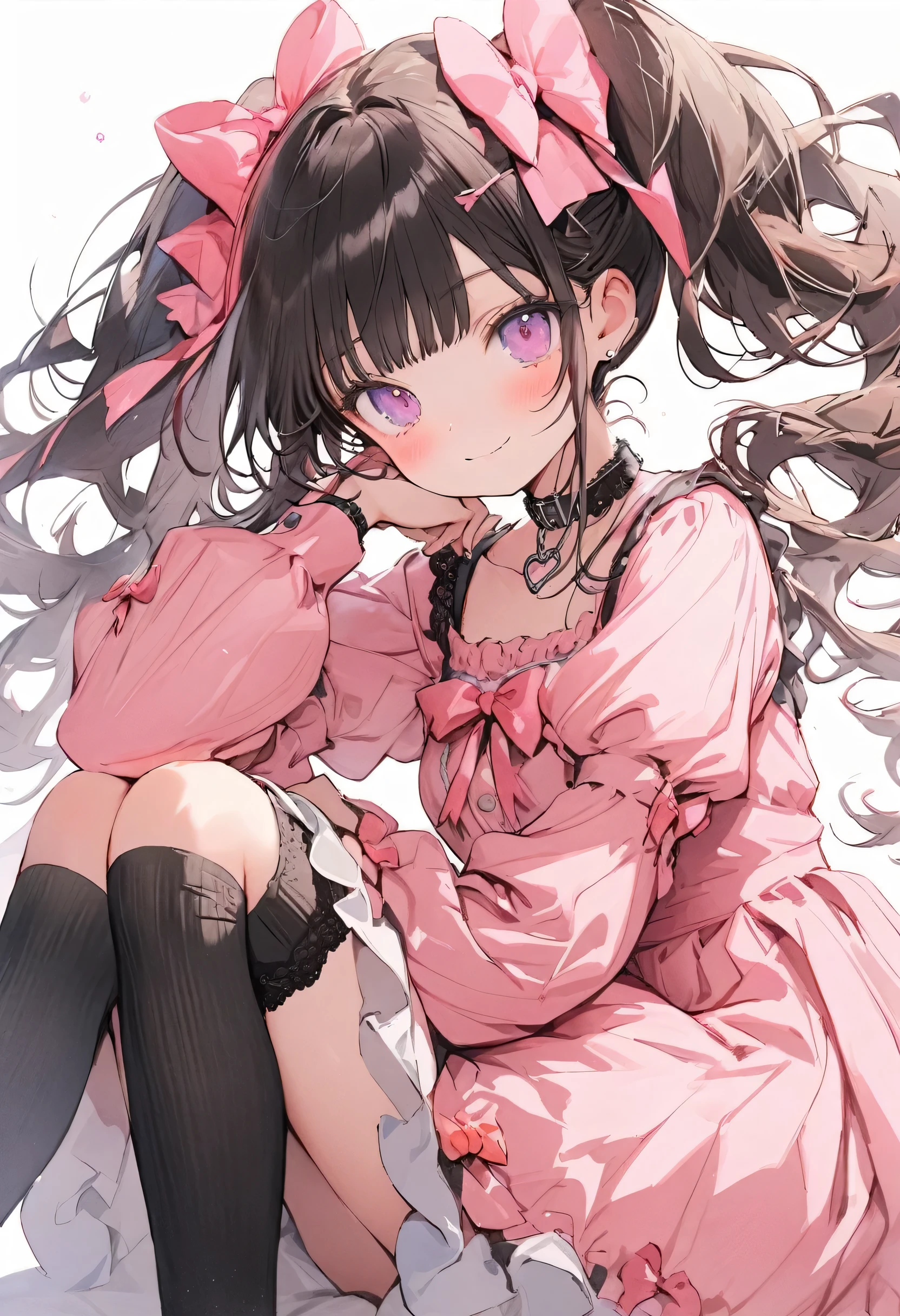 cute girl, cute girl is wearing a kawaii fashion outfit, outfit features a pink blouse with black lace trim and a large bow at the collar, The blouse is paired with a black high-waisted skirt with lace-up details, The person is also wearing black knee-high socks with lace tops, The overall look is cute and elegant, watercolor, clear, cute illustration, beautiful detail, fain touch outline, best quality, top quality, ultra detailed, masterpiece, beautiful detail, cute illustration, beautiful detail, cute girl